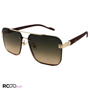 عینک آفتابی طلایی کارتیه با فریم مستطیلی شکل، دسته چوبی و لنز قهوه ای هایلایت مدل 22046