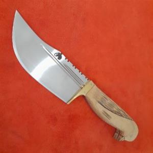 چاقوی شکار و طبیعتگردی و کمپ چاقوی زنجان چاقو فولادی 22 سانت استاد خالقی با غلاف چرم اصل کمری جنس فولاد فنر با دسته طرح کفتری باربند برنجی