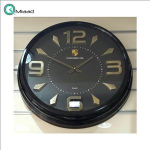 ساعت دیواری پورشه تک موتوره، ساعت دیواری سایز 60 با بدنه پلاستیک و اعداد برجسته، دارای تنوع رنگ بندی، رنگ مشکی