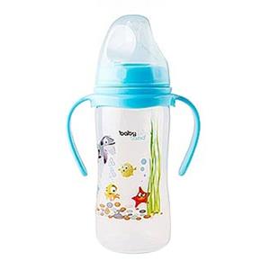 شیشه شیردهانه عریض طلقی ارتودنسی 300 میل  دسته دار 6-18 ماه بی بی لند کد 407 babyland