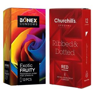 کاندوم چرچیلز مدل  Ribbed & Dotted Red بسته 12 عددی به همراه کاندوم بونکس مدل Exotic Fruity بسته 12 عددی 