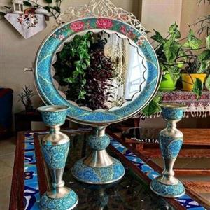 ست آینه شمعدان فیروزه ای با روکش نقره از جنس مس، مدل گهواره ای تاجدار