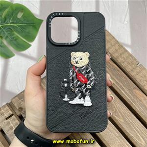 قاب گوشی iPhone 14 Pro Max ایفون CASETIFY ژله ای چرمی طرح تدی خرسی گلدوزی مشکی کد 328 