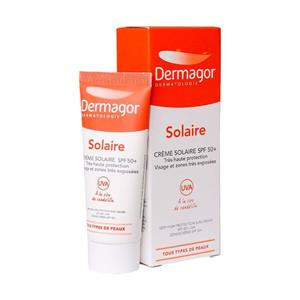 کرم ضد آفتاب بی رنگ دارای spf 50 مناسب پوست نرمال تا خشک حجم 40 میل درماگور