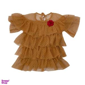 بلوز آستین کوتاه دخترانه مدل تور نگین برفی رنگ خردلی