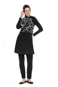 مایو حجابی بورکینی آستین استاندارد طرح دار زنانه Remsa Mayo ARM-259-01-Siyah 