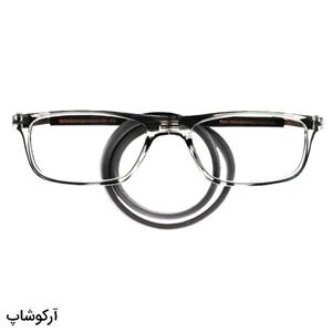 عینک مطالعه نزدیک بین  2.00 با فریم طوسی رنگ، مگنتی، مستطیلی شکل و بند ژله ای مدل MOT50