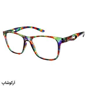عینک مطالعه نزدیک بین نمره  2.00 با فریم سبز چند رنگ، مربعی شکل و دسته فنری مدل 22-9