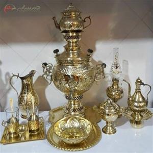 سرویس کامل سماور ذغالی برنجی، قلم زنی زیبا بدون تغییر رنگ 