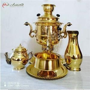 سرویس 5 پارچه سماور برنجی ذغالی 6 لیتری تبریز با بدنه طرح قابلمه ای جام روسی