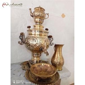 سرویس 5 پارچه سماور ذغالی برنجی 6 لیتری در طرح شیر