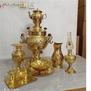 سرویس 11 پارچه سماور برنجی ذغالی تبریز 6 لیتری با قلمزنی ظریف