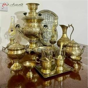 سرویس 13 پارچه سماور برنجی ذغالی 3.5 لیتری با ورق ضخیم، دو رنگ آنتیک