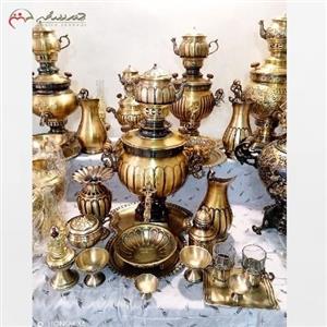 سرویس 16 پارچه سماور برنجی ذغالی 6 لیتری با ورق ضخیم در طرح توپی آینه ریز