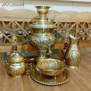 سرویس 5 پارچه سماور ذغالی برنجی 6 لیتری با ورق ضخیم، رنگ آنتیک همراه با ضمانت کیفیت