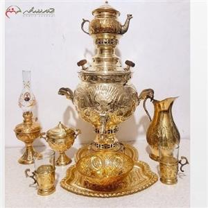 سرویس 9 پارچه سماور ذغالی برنجی در دو رنگ آنتیک و طلایی، قلمزنی شده، بدون تغییر رنگ با ضمانت کالا