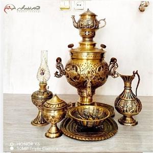 سرویس سماور 7 پارچه ذغالی 6 لیتری توپی شکل، قلم زنی برجسته شیر و دارای ضمانت