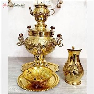 سرویس سماور برنجی ذغالی 5 پارچه تبریز 6 لیتری با ورق ضخیم و بدون تغییر رنگ با ضمانت