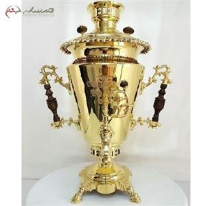 سماور  8 لیتری زغالی برنجی ورق 1.5 میل، مدل زیبای تراش کد 114 و پایه های مشبک و دسته های طرح شاخ