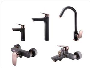 ست شیرآلات درخشان مدل هانس مشکی رزگلد روشویی پایه بلندمجموعه ۴ عددی