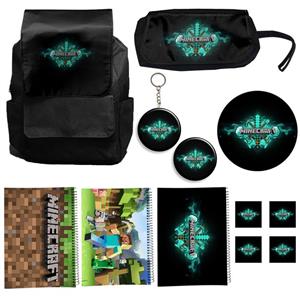 کوله پشتی مدل ماینکرفت کد Minecraft A2 به همراه دفتر مشق و جامدادی و زیر لیوانی و جاکلیدی مجموعه 12 عددی