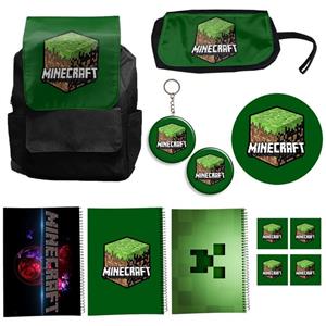 کوله پشتی طرح ماینکرفت کد Minecraft A6 به همراه دفتر مشق و جامدادی و زیر لیوانی و جاکلیدی مجموعه 12 عددی