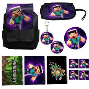 کوله پشتی مدل ماینکرافت کد Minecraft A11 به همراه دفتر مشق و جامدادی و زیر لیوانی و جاکلیدی مجموعه 12 عددی
