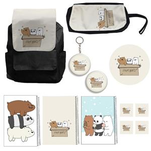 کوله پشتی طرح خرس های کله فندوقی کد A2 به همراه دفتر مشق و جامدادی و زیر لیوانی و جاکلیدی مجموعه 12 عددی