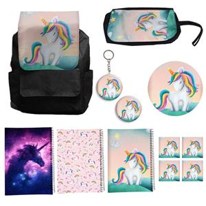 کوله پشتی مدل یونیکورن تک شاخ کد A10 Unicorn به همراه دفتر مشق و جامدادی و زیر لیوانی و جاکلیدی مجموعه 12 عددی