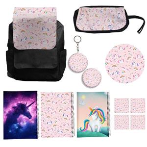 کوله پشتی مدل یونیکورن تک شاخ کد A9 Unicorn به همراه دفتر مشق و جامدادی و زیر لیوانی و جاکلیدی مجموعه 12 عددی