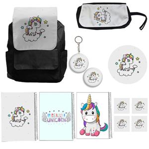 کوله پشتی مدل یونیکورن تک شاخ کد A15 Unicorn به همراه دفتر مشق و جامدادی و زیر لیوانی و جاکلیدی مجموعه 12 عددی