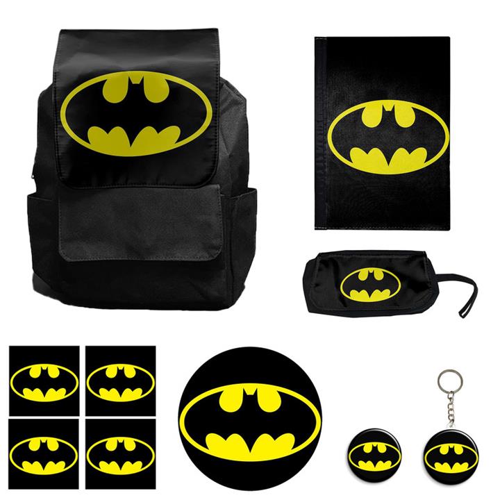 کوله پشتی مدل بتمن کد M7 به همراه کلاسور و جامدادی و زیر لیوانی و جاکلیدی مجموعه 10 عددی