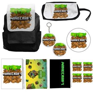 کوله پشتی طرح ماینکرافت کد Minecraft A8 به همراه دفتر مشق و جامدادی و زیر لیوانی و جاکلیدی مجموعه 12 عددی