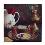 کاشی کارنیلا طرح چراغ گردسوز و استکان چایی و نبات مدل لوحی کد klh2465