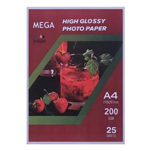 کاغذ چاپ عکس گلاسه مگا کد 200 سایز A4 بسته 25 عددی