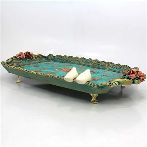 سینی مدل باغ فیروزه ای و پرنده