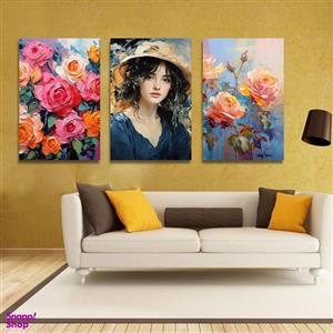 تابلو شاسی بکلیت طرح نقاشی دکوراتیو گل و پرتره مدل SH-1265 مجموعه 3 عددی