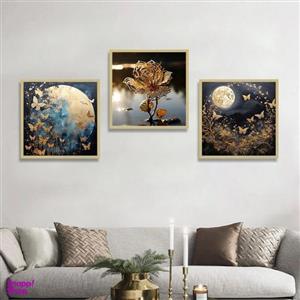تابلو بکلیت طرح نقاشی طلاکوب ماه و پروانه مدل BE-1274 مجموعه 3 عددی