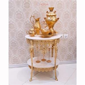 میز بیضی جنس آلیاژ آلومنیوم با آبکاری برنز دارای 2طبقه، مدل تاج دار قطر 55 در 40