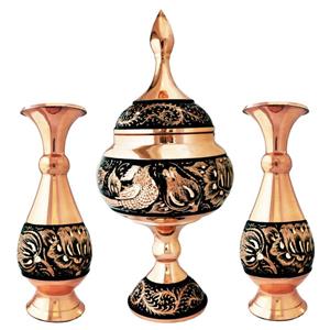 ست 3 تکه گلدان و شکلات خوری مسی مدل الماس تراش کد JR-1623