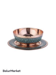 کاسه و بشقاب فیروزه کوب اثر آقاجانی قطر 20 سانتی متر Turquoise Tattoo Bowl And Plate By Aghajani 20Cm Diagonal