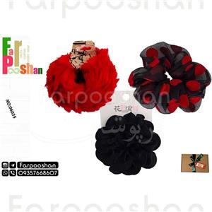 کش مو زنانه مدل اسکرانچی حریر شیشه ای پولیشی گل پارچه ای کد 06035 مجموعه 3 عددی