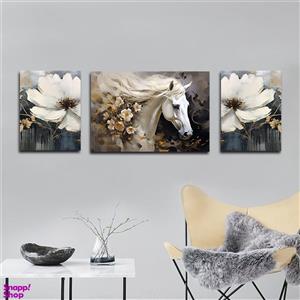 تابلو شاسی بکلیت طرح نقاشی مدرن رنگ روغن گل و اسب مدل SH-1625 مجموعه 3 عددی
