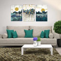 تابلو شاسی بکلیت طرح نقاشی مدرن خورشید و کوه مدل SH-1886 مجموعه 3 عددی