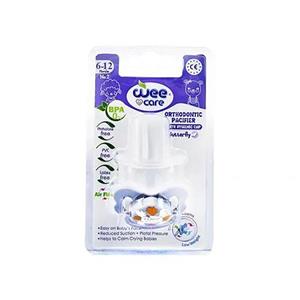 پستانک ارتودنسی وی کر مدل دربدار دسته دار شفاف چاپدار پروانه ای سایز 6-12 ماه کد P128