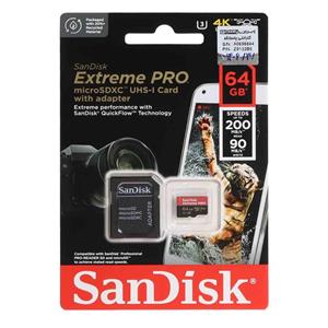 کارت حافظه مناسب دوربین عکاسی سن دیسک مدل Sandisk Extreme PRO microSDXC & adapter UHS-I U3 Class10 (200MB/S) ظرفیت 64 گیگابایت 