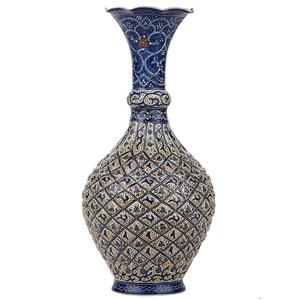 گلدان مسی میناکاری شده اثر اسماعیلی مدل خمره ای طرح خانه بندی ارتفاع 19 سانتی متر Enamelled Copper Crock Vase By Esmaeeli 19CM Height