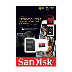 کارت حافظه microSDXC سن دیسک مدل Extreme PRO کلاس A2 استاندارد UHS-I U3 سرعت 170MBs ظرفیت 128 گیگابایت به همراه آداپتور SD