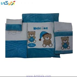 سرویس خواب نوزادی 4 تکه مخمل مدل خرسی کلاه به سر رنگ آبی