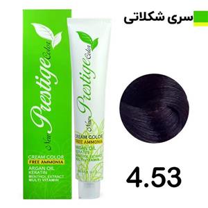 رنگ موی نیو پرستیژ کالر شماره 4.53 حجم 120 میلی لیتر رنگ قهوه ای کاکائویی تیره